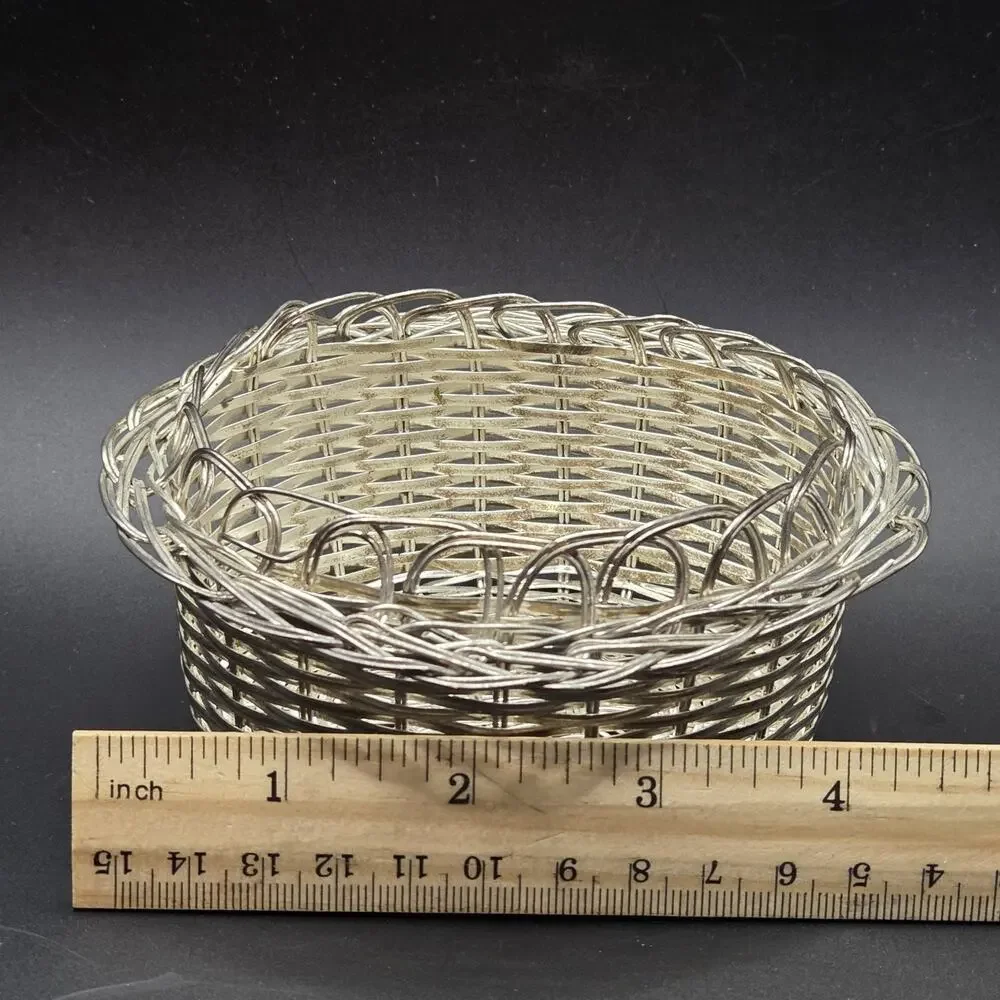 Vintage Silver Plated Woven Wire Basket Intricate Open Weave 4.5